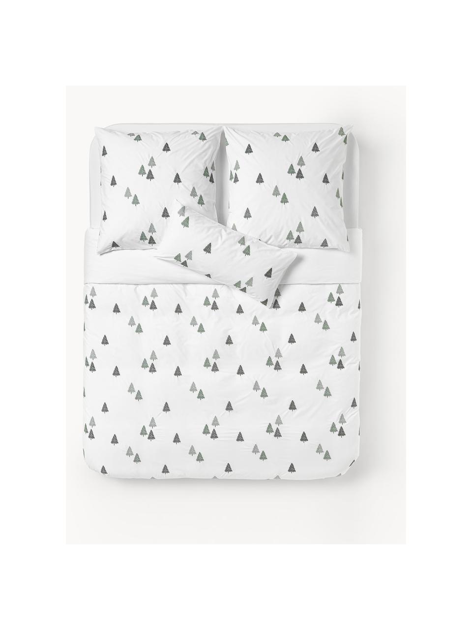 Funda nórdica de percal Darina, Blanco, verde, gris, Cama 90 cm (155 x 220 cm)