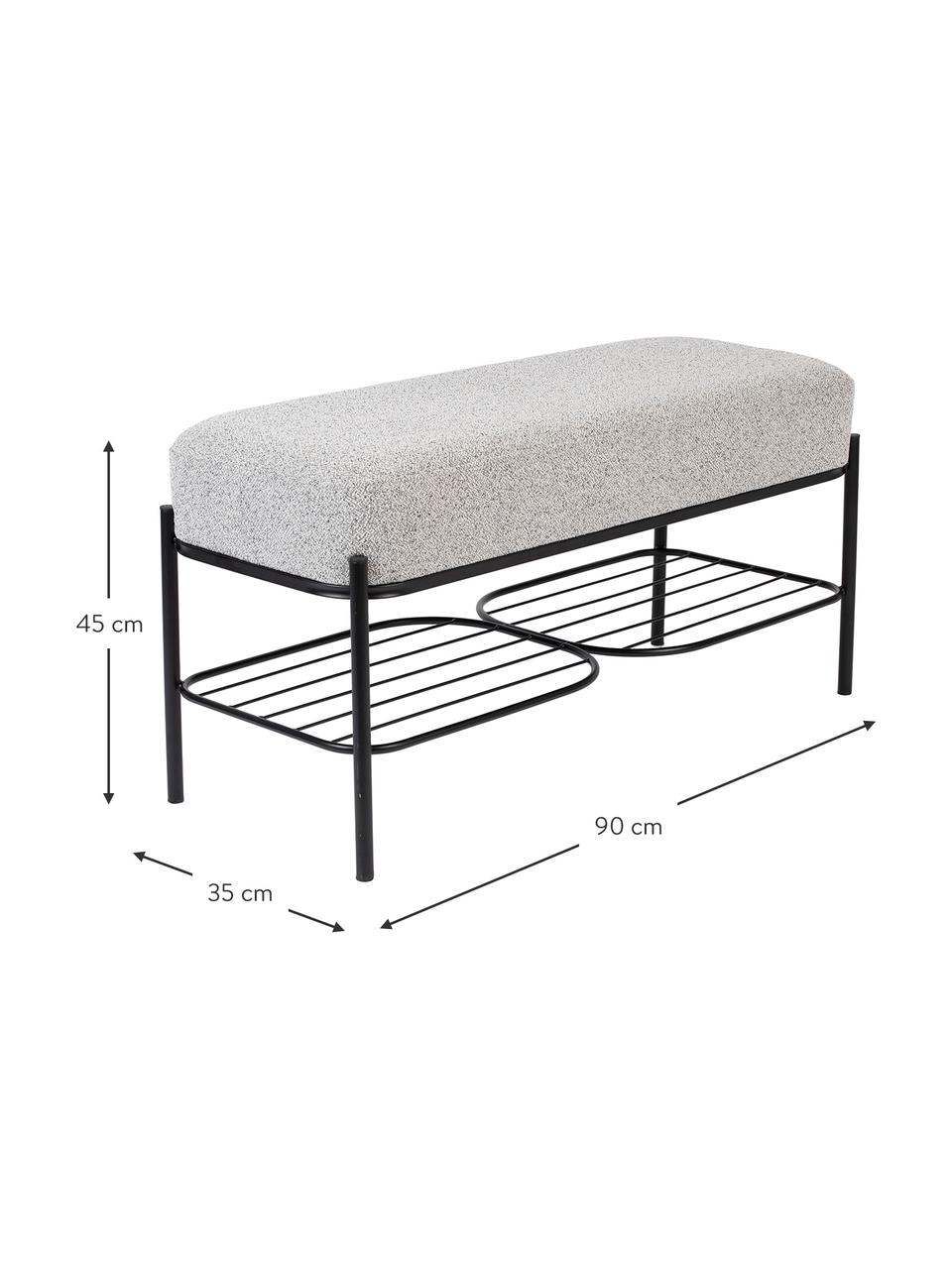Banco tapizado en tejido bouclé con estante Milou, Tapizado: 100% poliéster Alta resis, Estructura: tablero de fibra de densi, Bouclé gris claro, An 90 x Al 45 cm