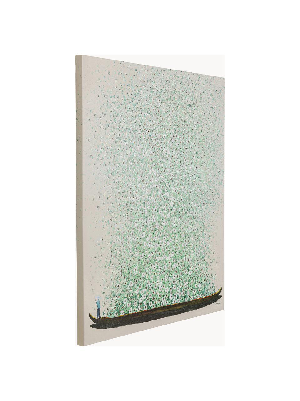 Stampa su tela dipinta a mano Flower Boat, Immagine: stampa digitale con verni, Beige, verde chiaro, Larg. 80 x Alt. 100 cm