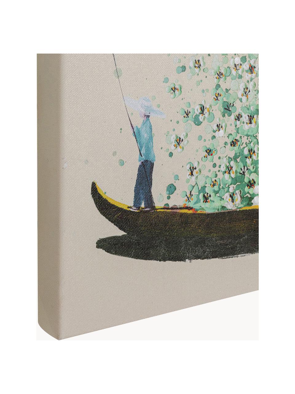 Ručne maľovaná tlač na plátne Flower Boat, Béžová, svetlozelená, Š 80 x V 100 cm