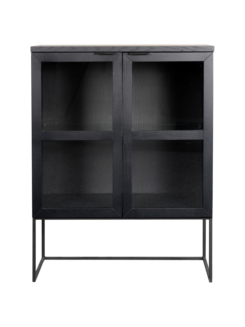 Chiffonnier de vidrio Everett, Cuerpo: madera de roble maciza pi, Estructura: metal pintado, Negro, An 95 x Al 125 cm