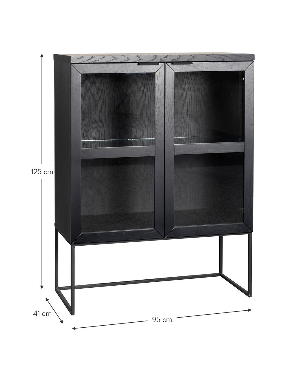 Chiffonnier de vidrio Everett, Cuerpo: madera de roble maciza pi, Estructura: metal pintado, Negro, An 95 x Al 125 cm