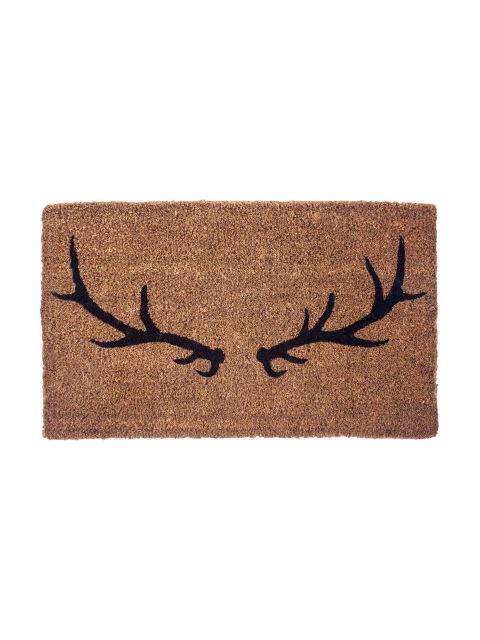 Handgeweven deurmat Antlers, Kokosvezels, Beige, zwart, B 45 x L 75 cm