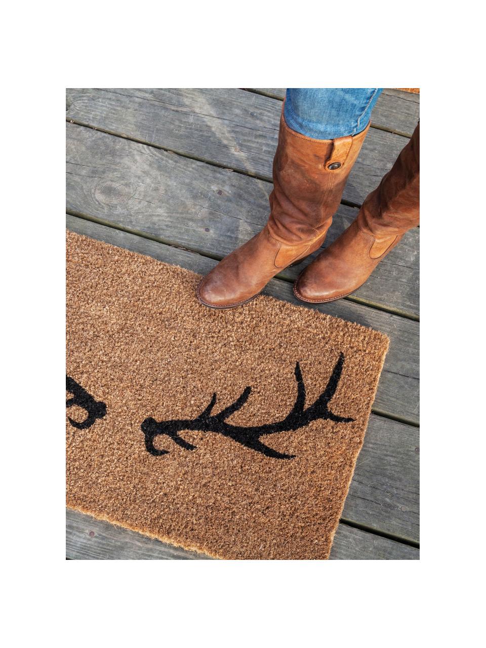 Handgeweven deurmat Antlers, Kokosvezels, Beige, zwart, B 45 x L 75 cm