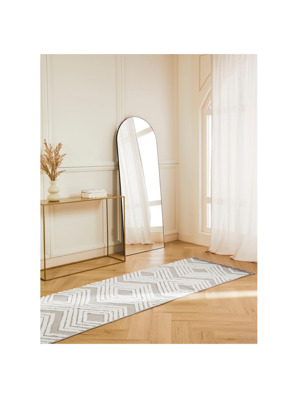 Tapis de couloir gris avec structure en relief tissé main Ziggy, 100 % coton, Gris & blanc crème, imprimé, larg. 80 x long. 200 cm