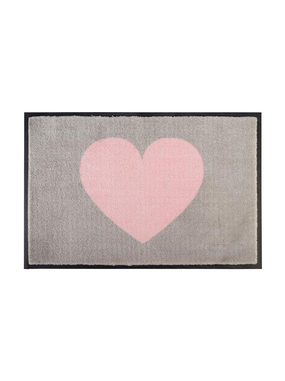 Felpudo Heart, Parte superior: poliamida, Reverso: goma, Gris, rosa, An 50 x L 75 cm