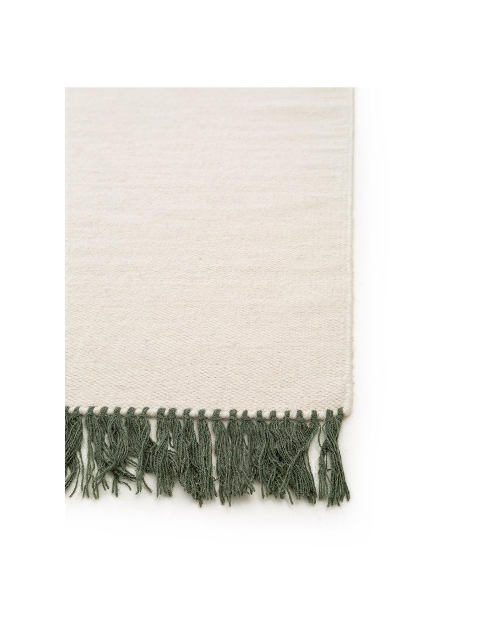 Alfombra artesanal de lana con flecos Gitta, 90% lana, 10% algodón 

Las alfombras de lana se pueden aflojar durante las primeras semanas de uso, la pelusa se reduce con el uso diario., Off White, verde oscuro, An 80 x L 150 cm (Tamaño XS)