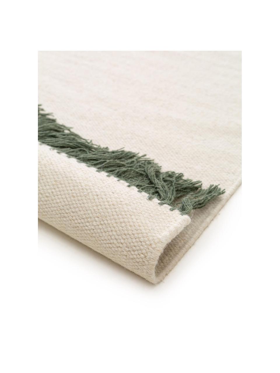 Alfombra artesanal de lana con flecos Gitta, 90% lana, 10% algodón 

Las alfombras de lana se pueden aflojar durante las primeras semanas de uso, la pelusa se reduce con el uso diario., Off White, verde oscuro, An 80 x L 150 cm (Tamaño XS)