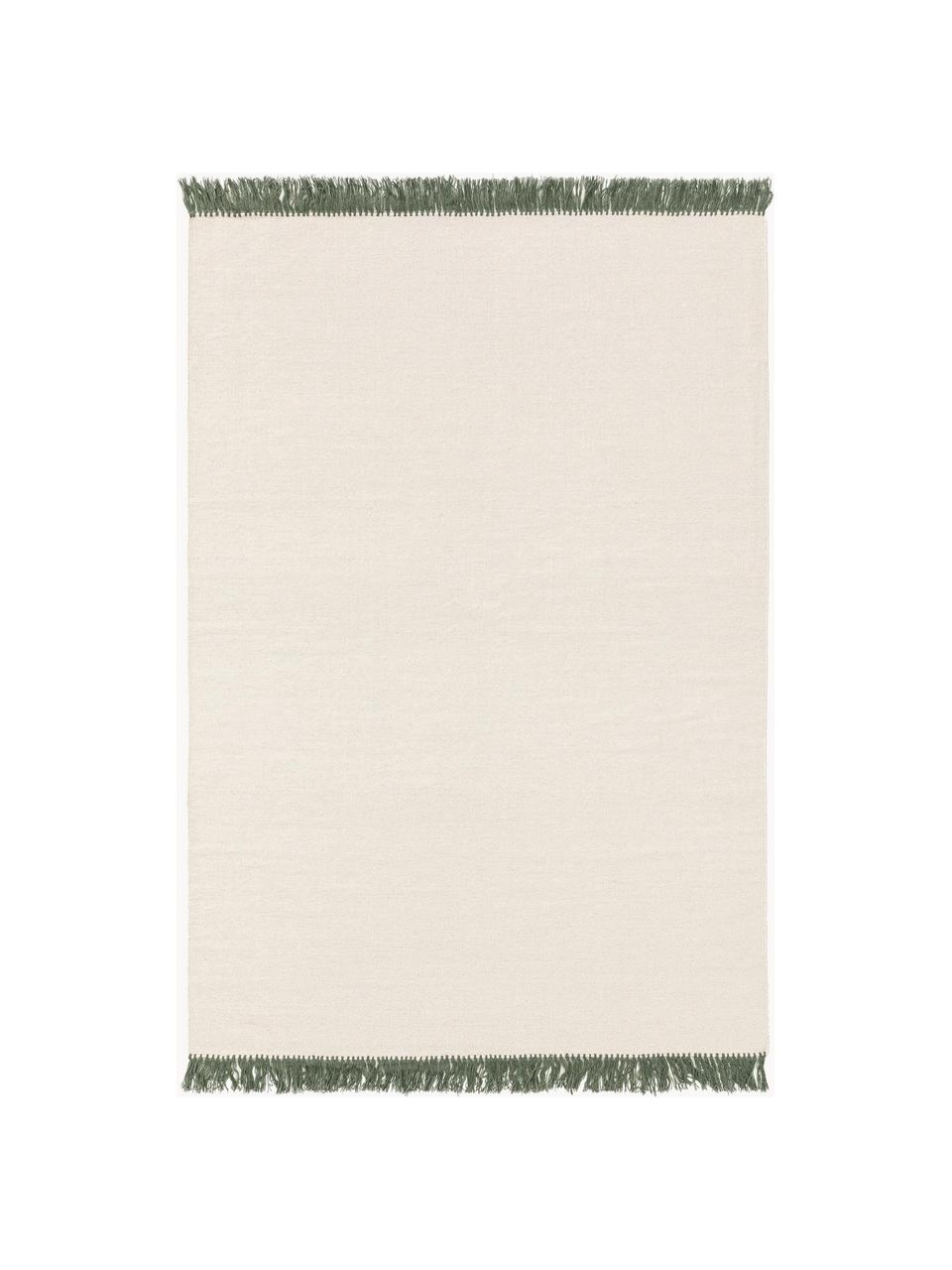 Ręcznie tkany dywan z wełny z frędzlami Gitta, 90% wełna, 10% bawełna

Włókna dywanów wełnianych mogą nieznacznie rozluźniać się w pierwszych tygodniach użytkowania, co ustępuje po pewnym czasie, Złamana biel, ciemny zielony, S 80 x D 150 cm (Rozmiar XS)