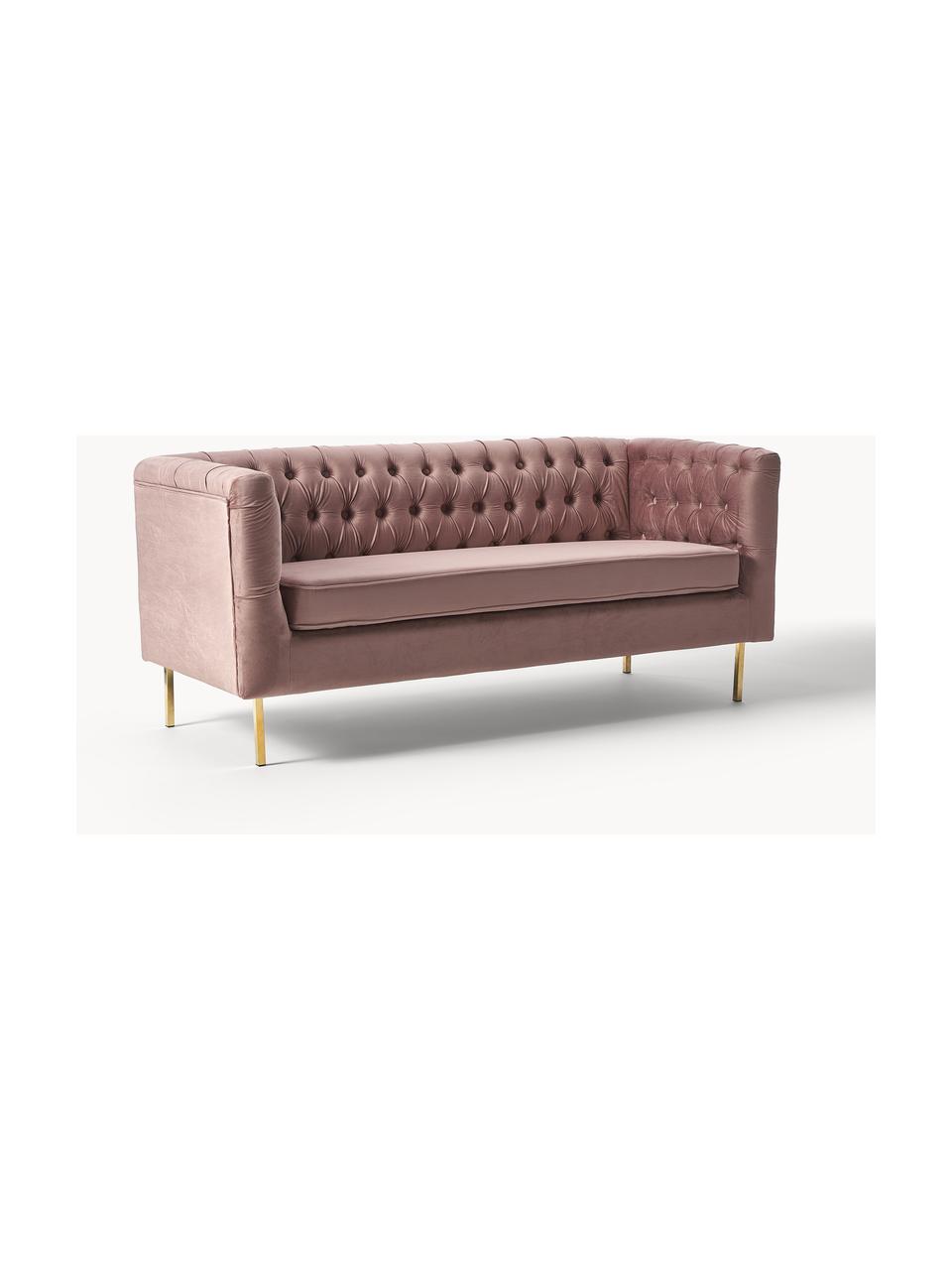 Sofa Chesterfield z aksamitu Chiara (2-osobowa), Tapicerka: aksamit (poliester) Dzięk, Stelaż: lite drewno brzozowe, Nogi: metal galwanizowany, Aksamitny blady różowy, S 170 x G 72 cm