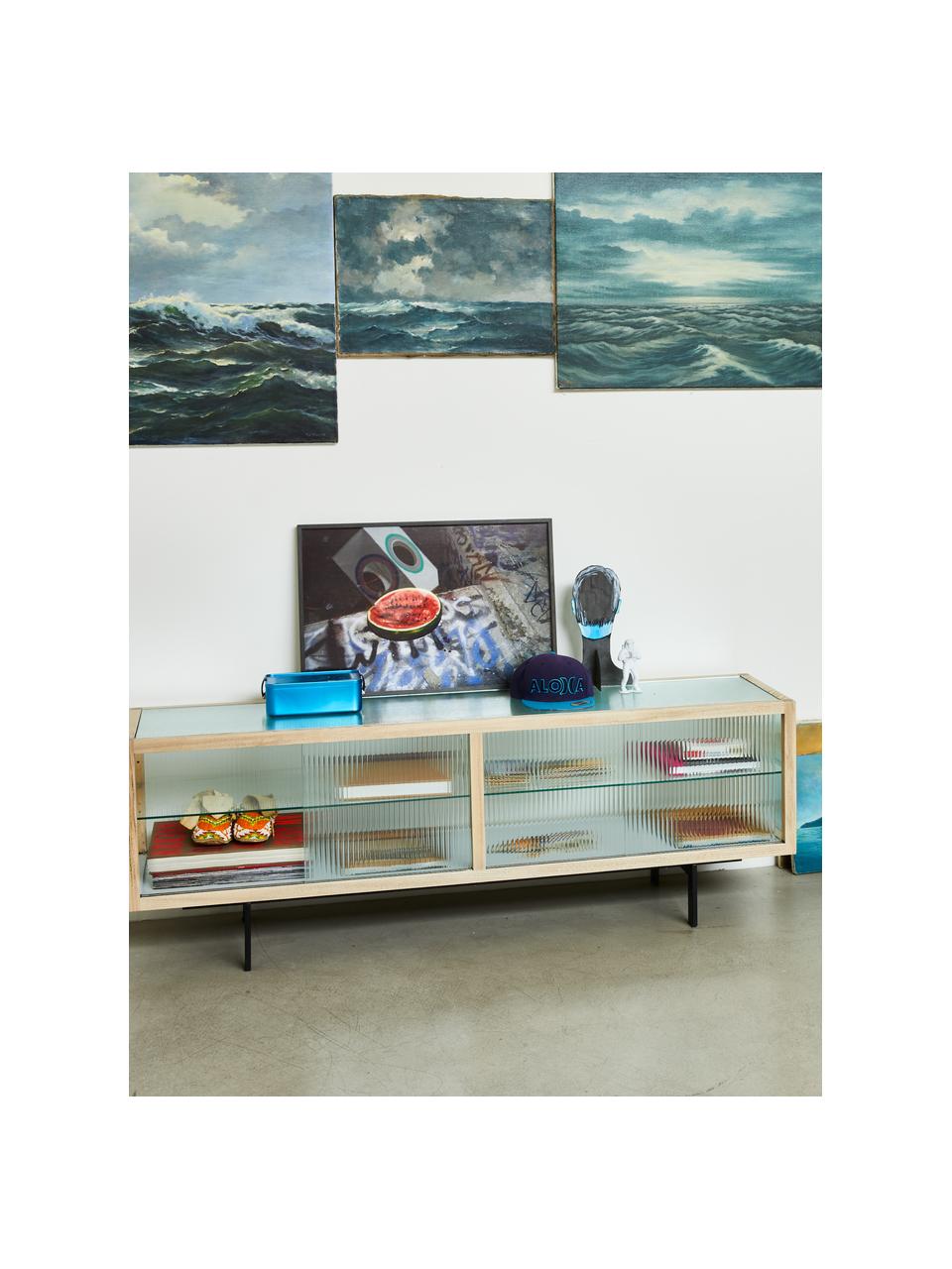 Tv-meubel Oli met glazen schuifdeuren, Frame: essenhout, Poten: gepoedercoat metaal, Transparant, lichtbruin, zwart, B 160 x H 55 cm