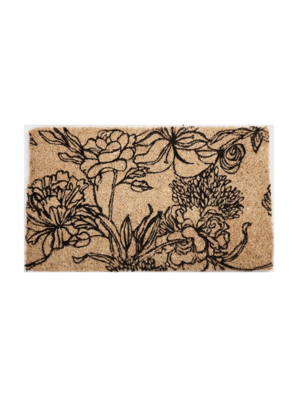 Fußmatte Ink Bouquet aus Kokusfaser mit Blumendruck, Kokosfaser, Schwarz, 45 x 75 cm