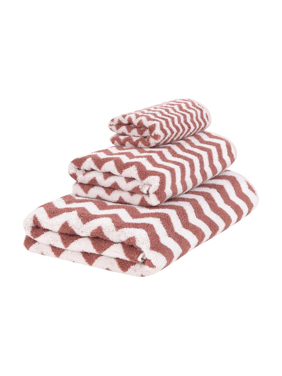 Lot de serviettes de bain imprimé zigzag Liv, 3 élém., Terre cuite, blanc crème