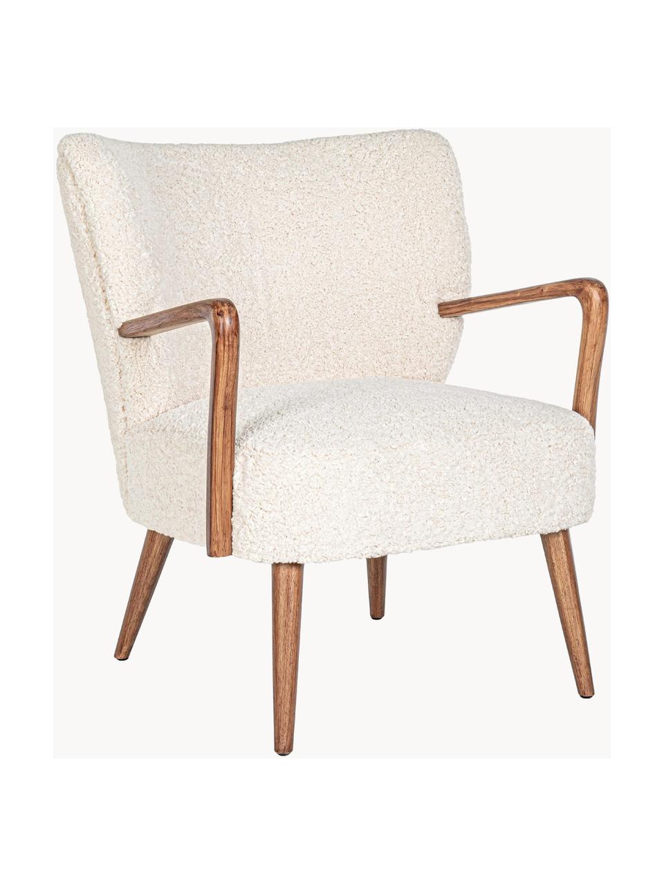 Poltrona lounge in teddy con braccioli Moritz, Seduta: poliestere, Sottostruttura: legno di abete, compensat, Teddy bianco latte, legno chiaro, Larg. 67 x Prof. 74 cm