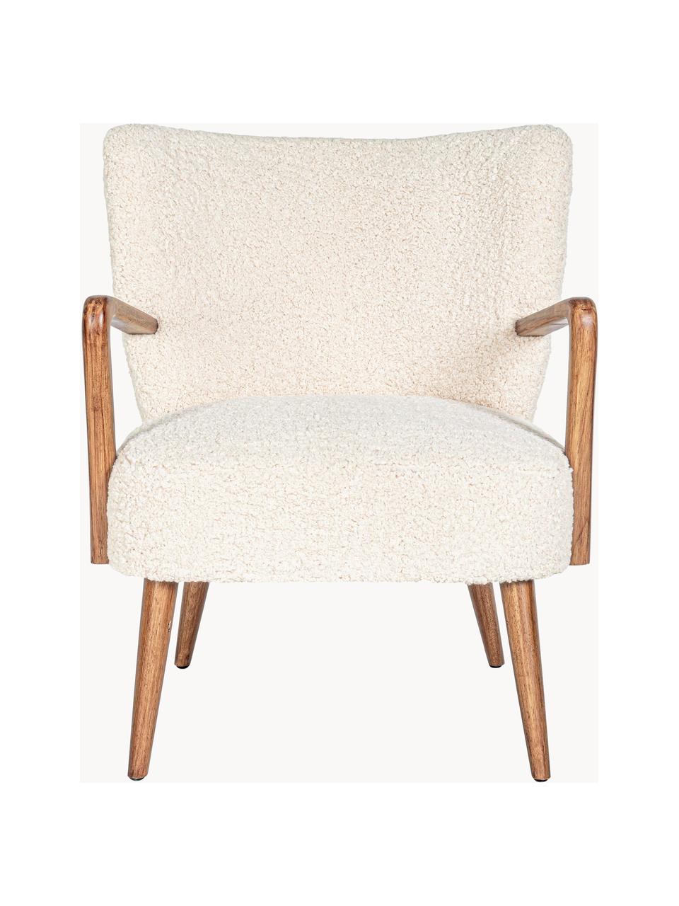 Poltrona lounge in teddy con braccioli Moritz, Seduta: poliestere, Sottostruttura: legno di abete, compensat, Teddy bianco latte, legno chiaro, Larg. 67 x Prof. 74 cm