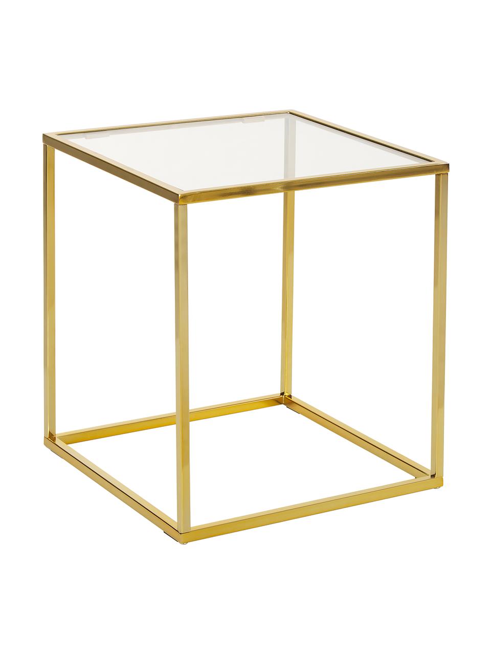 Mesa auxiliar Maya, tablero de cristal, Tablero: vidrio laminado, Estructura: metal galvanizado, Vidrio transparente, dorado brillante, An 45 x Al 50 cm