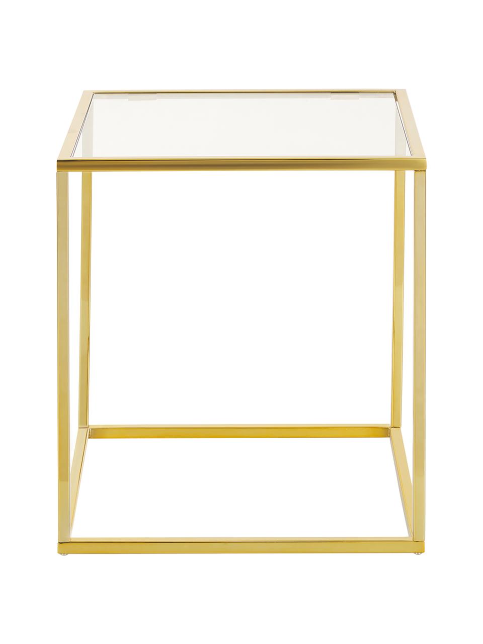 Mesa auxiliar Maya, tablero de vidrio, Tablero: vidrio laminado, Estructura: metal galvanizado, Transparente, dorado, An 45 x Al 50 cm