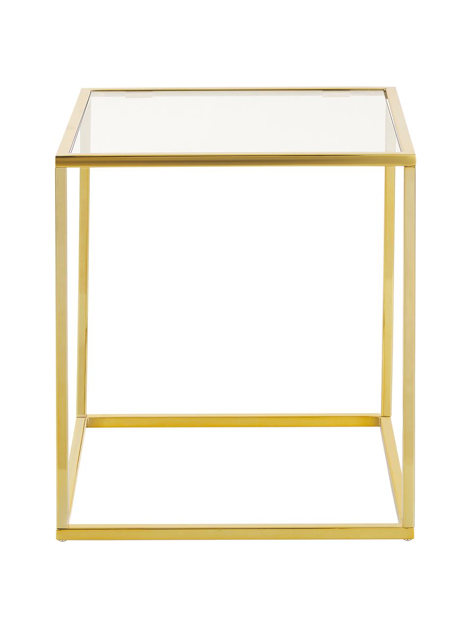 Tavolino dorato con piano in vetro Maya, Struttura: metallo zincato, Piano: vetro trasparente Struttura: dorato lucido, Larg. 45 x Alt. 50 cm