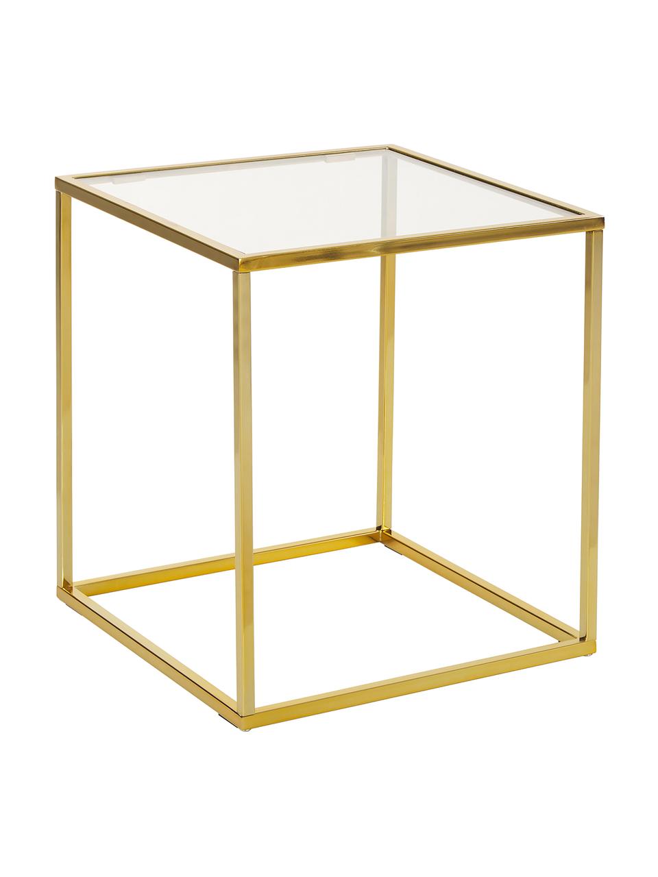 Mesa auxiliar Maya, tablero de cristal, Tablero: vidrio laminado, Estructura: metal galvanizado, Vidrio transparente, dorado brillante, An 45 x Al 50 cm