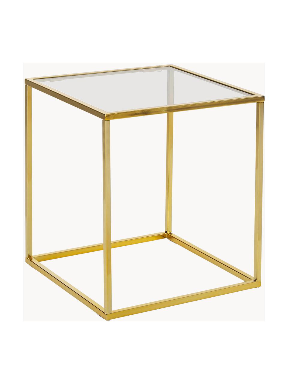 Mesa auxiliar Maya, tablero de vidrio, Tablero: vidrio laminado, Estructura: metal galvanizado, Transparente, dorado, An 45 x Al 50 cm