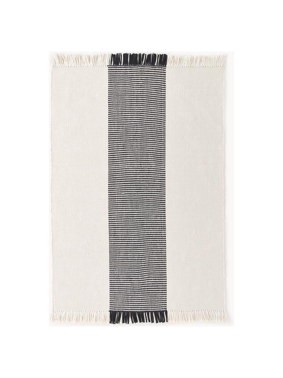 Ręcznie tuftowany dywan z krótkim włosiem z frędzlami Kami, 100% poliester z certyfikatem GRS, Złamana biel, czarny, S 80 x D 150 cm (Rozmiar XS)
