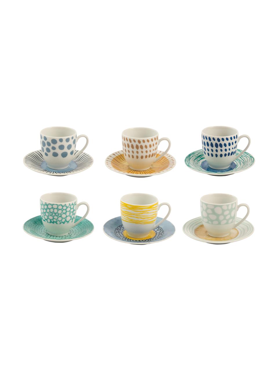 Espressokopjesset Marea, 12-delig, Porselein, Blauw, wit, geel, Ø 6 x H 6 cm