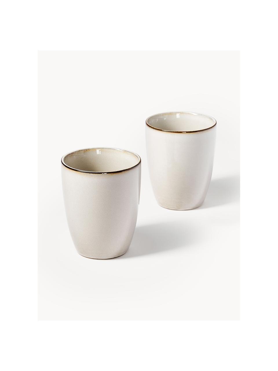 Tasses artisanales en grès Thalia, 2 pièces, Grès cérame, Blanc cassé avec bordure foncée, Ø 9 x haut. 11 cm, 300 ml