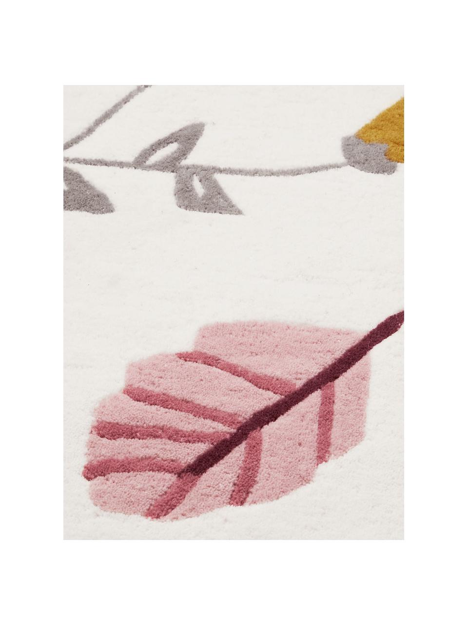 Vlněný koberec s nízkým vlasem Pressed Leaves, Vlna, Krémově bílá, více barev, vzor, Ø 110 cm