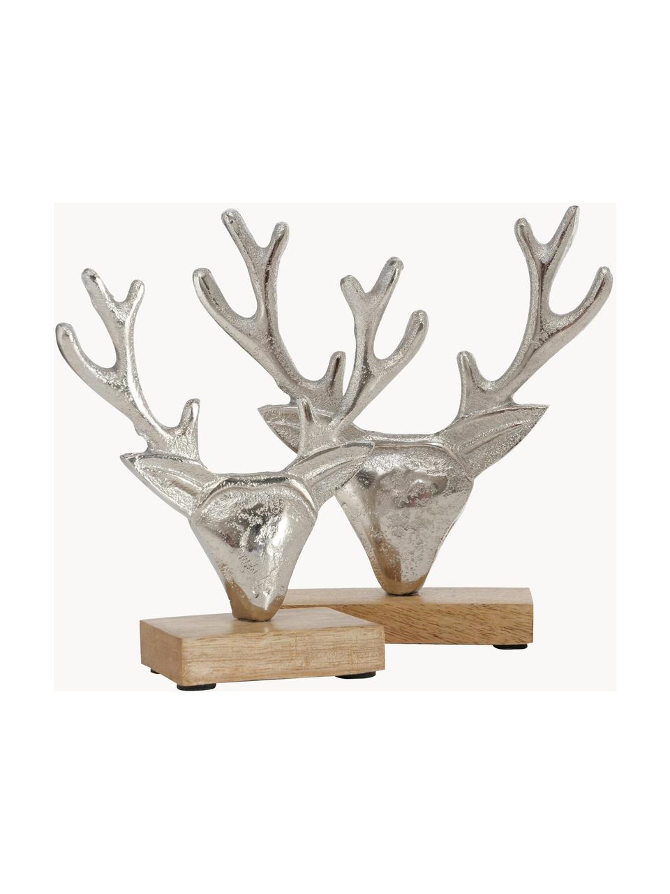 Déco cerf argenté Harribert, 2 élém., Bois de manguier, aluminium, Bois de manguier, aluminium, Lot de différentes tailles