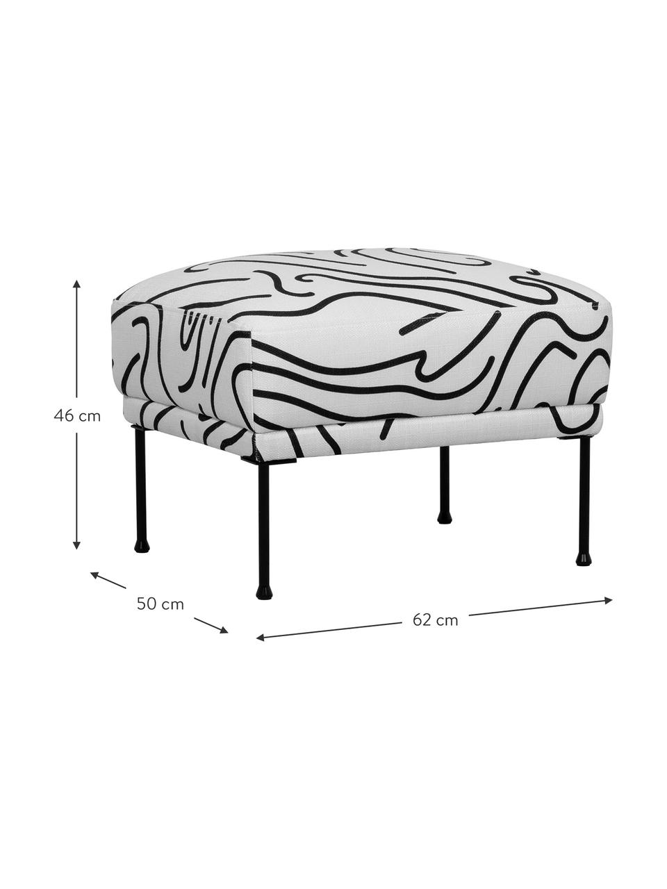 Poggiapiedi da divano in tessuto bianco a fantasia Fluente, Rivestimento: 100% poliestere Con 40.00, Struttura: legno di pino massiccio, Piedini: metallo verniciato a polv, Tessuto bianco/nero, Larg. 62 x Alt. 46 cm