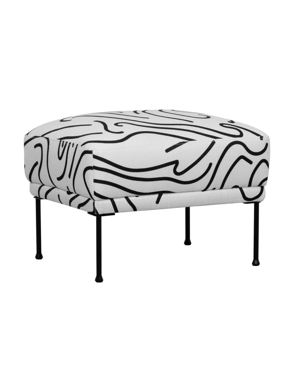 Tabouret/repose-pieds noir et blanc avec pieds en métal Fluente, Tissu blanc/noir, larg. 62 x haut. 46 cm