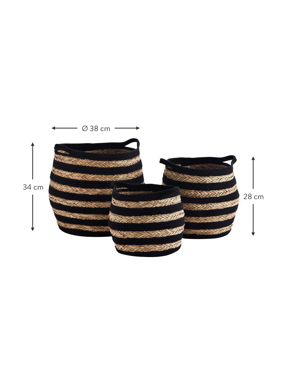 Set 3 cestini in fibra naturale Striped, Fibra naturale, cotone, Nero, marrone, Set in varie misure