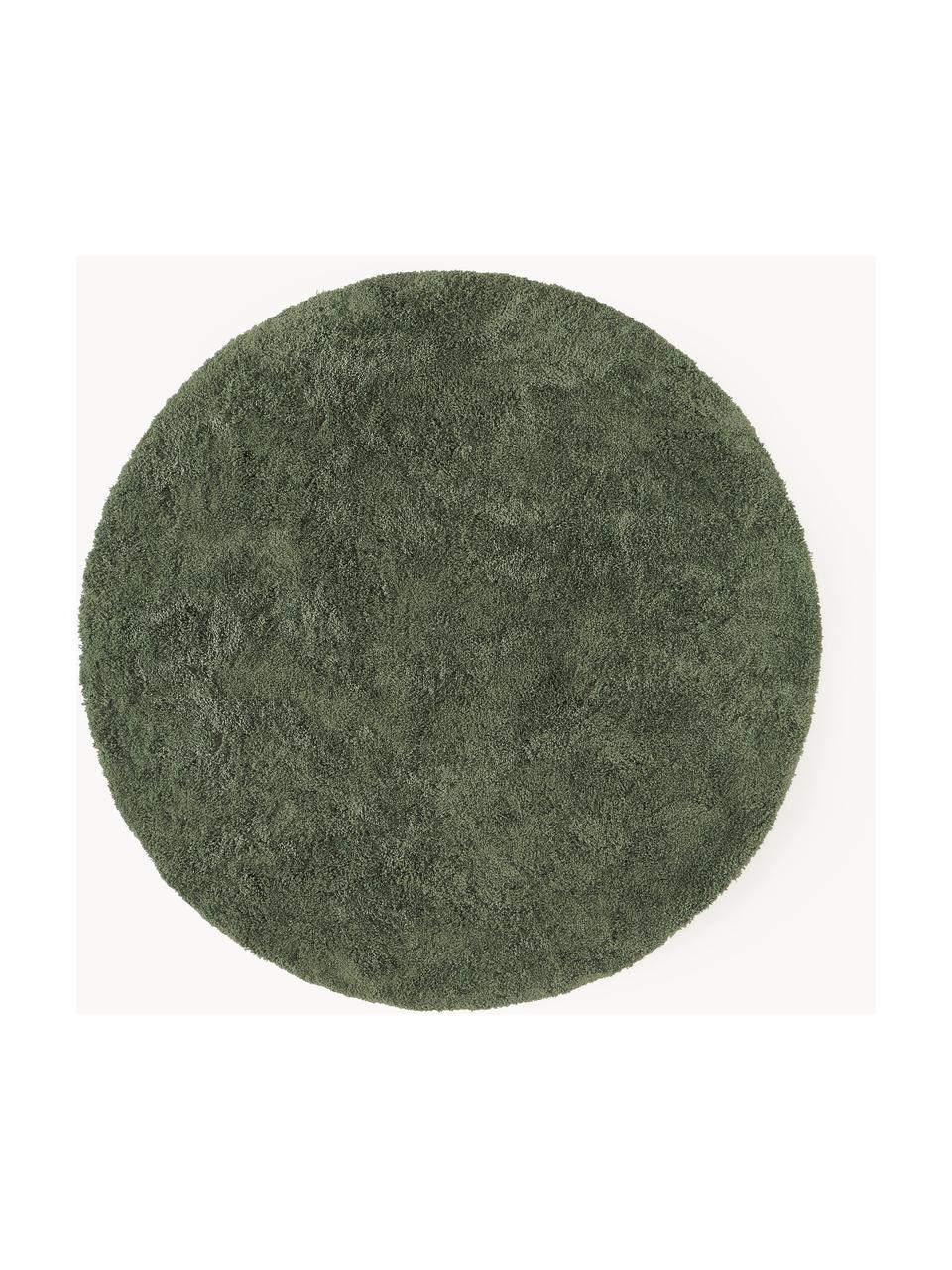 Pluizig rond hoogpolig vloerkleed Leighton, Onderzijde: 70% polyester, 30% katoen, Donkergroen, Ø 150 cm (maat M)