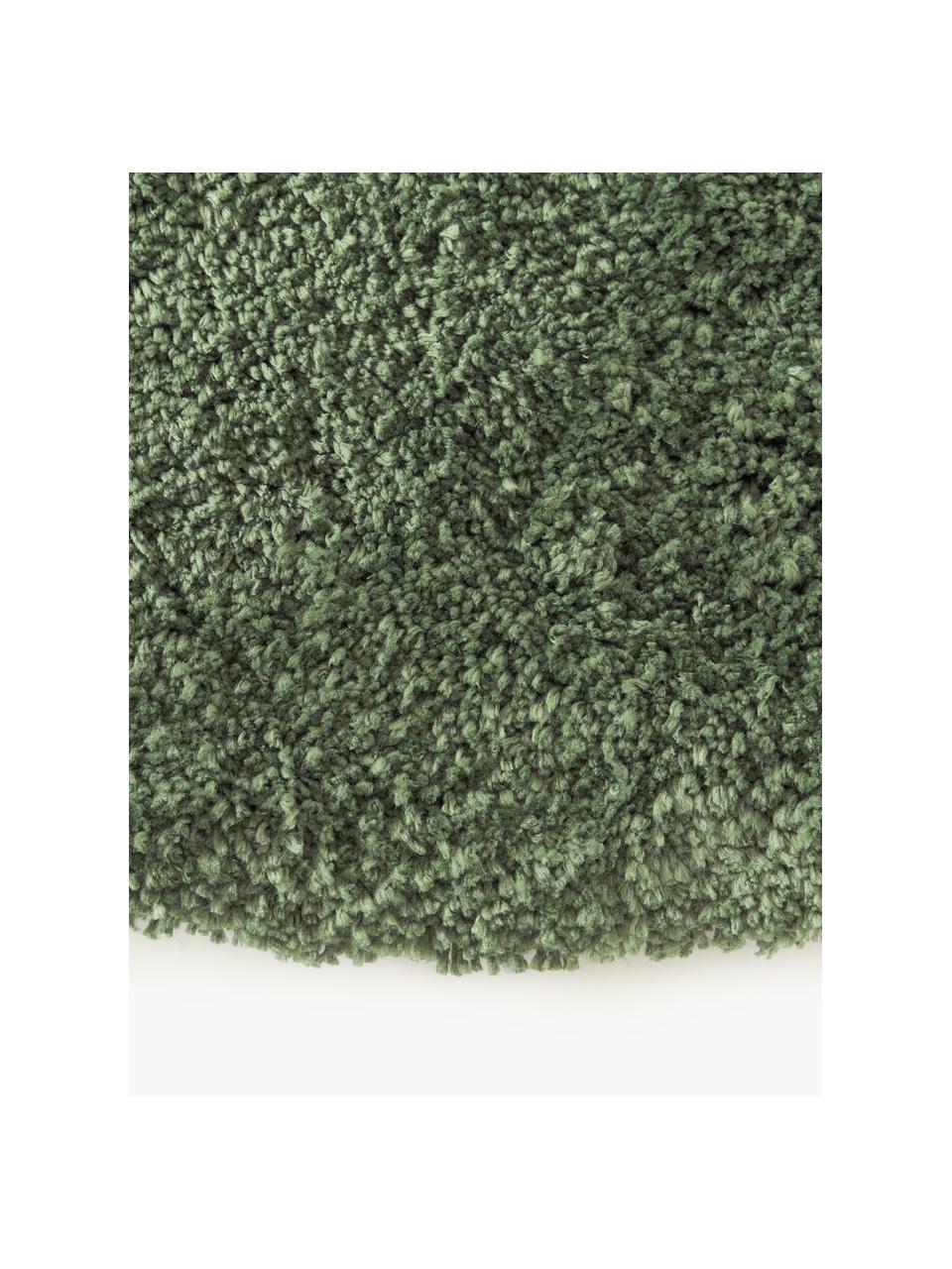 Pluizig rond hoogpolig vloerkleed Leighton, Onderzijde: 70% polyester, 30% katoen, Donkergroen, Ø 150 cm (maat M)
