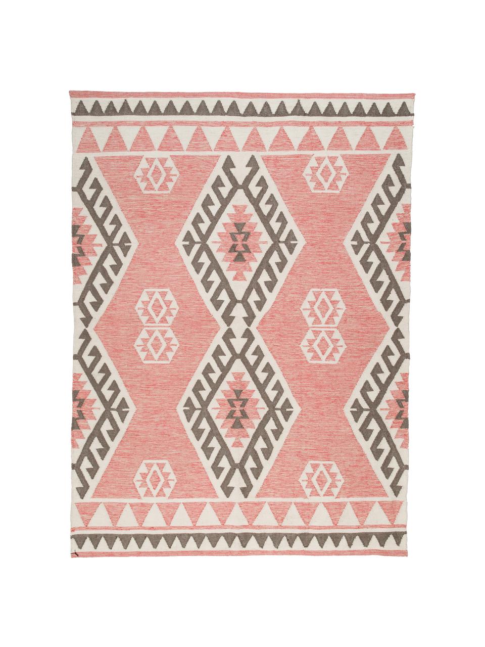 Tapis intérieur-extérieur tissé à la main Tangier, Endroit et envers : corail, gris, crème