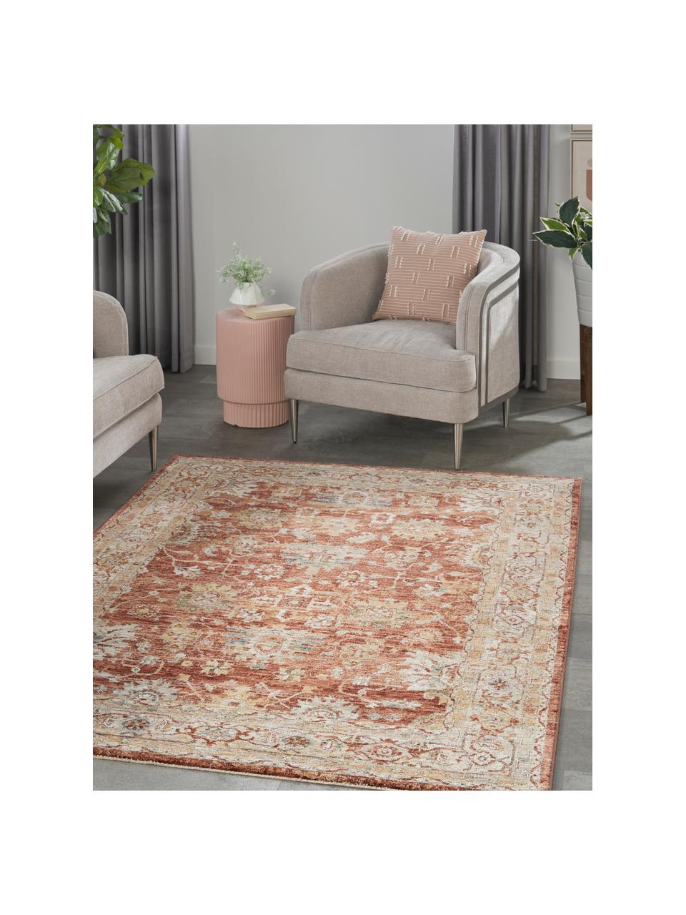 Laagpolig vloerkleed Sahar met meanderpatroon, 100% polyester, Roodtinten, geeltinten, beigetinten, B 120 x L 180 cm (maat S)