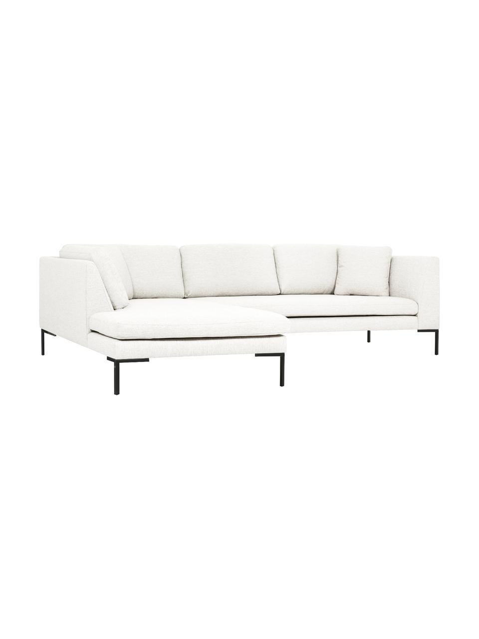Sofa narożna z metalowymi nogami Emma, Tapicerka: poliester Dzięki tkaninie, Stelaż: lite drewno sosnowe z cer, Nogi: metal malowany proszkowo, Kremowobiała tkanina, S 302 x G 220 cm, lewostronna