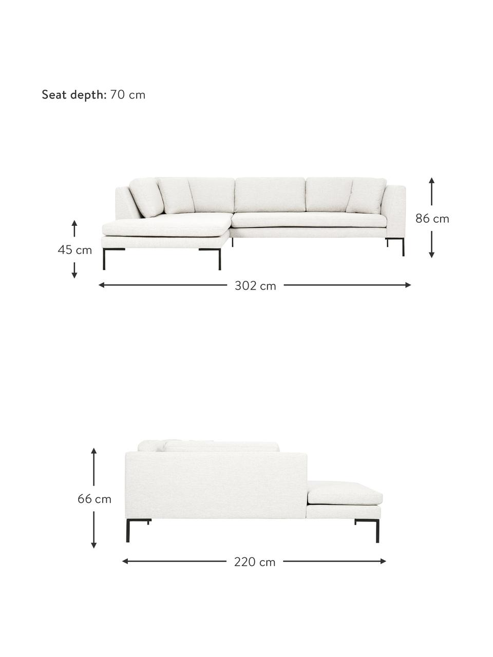 Sofá rinconera Emma, Tapizado: poliéster Alta resistenci, Estructura: madera de pino maciza con, Patas: metal con pintura en polv, Tejido blanco crema, An 302 x F 220 cm, chaise longue izquierda