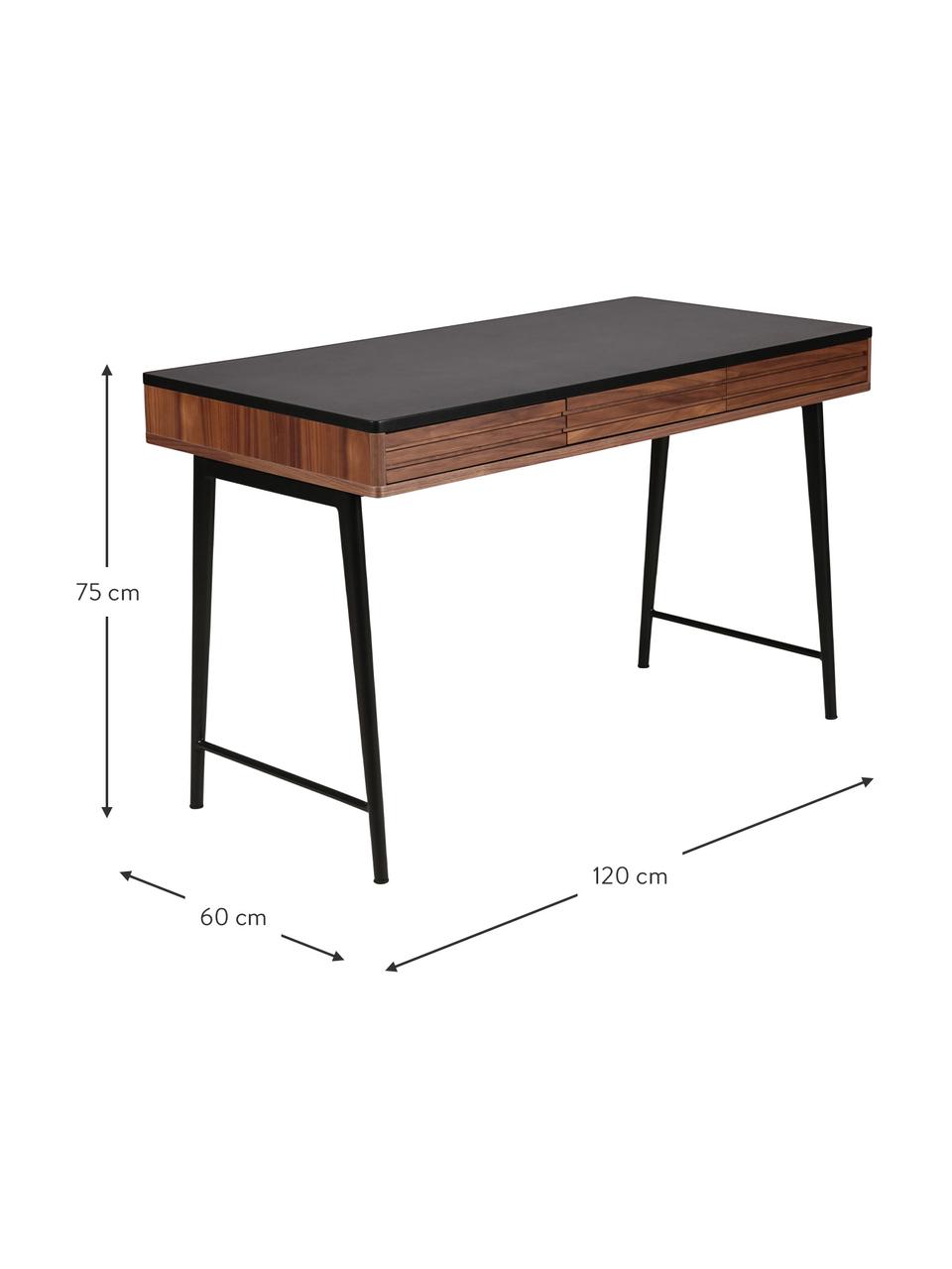 Bureau Nuance met lades en groeven decoratie, Frame: MDF met eikenhoutfineer, Poten: gecoat metaal, Bruin, zwart, B 120 x D 60 cm