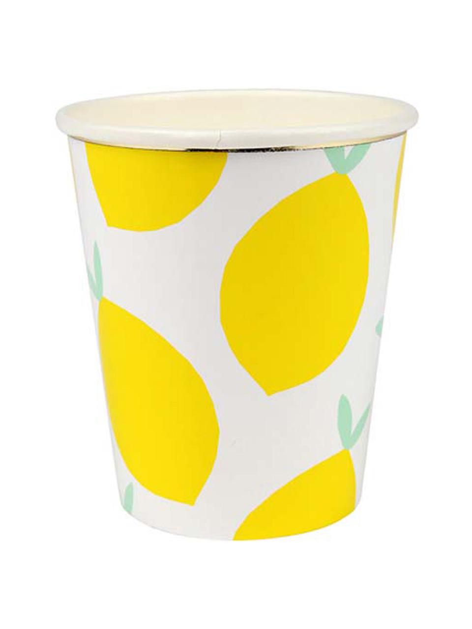 Vasos de papel Lemon, 8 uds., Papel, foliert, Blanco, amarillo, verde, Ø 8 x Al 8 cm