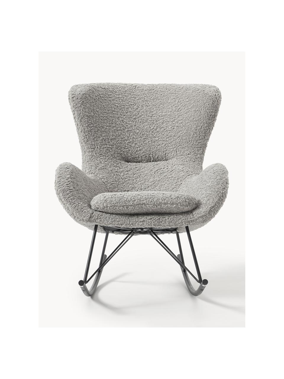 Fauteuil à bascule en tissu peluche Wing, Peluche gris, cadre noir, larg. 77 x haut. 109 cm