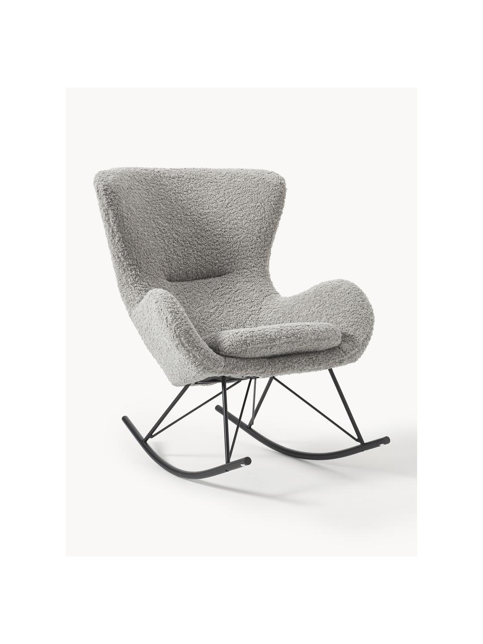 Fauteuil à bascule en tissu peluche Wing, Peluche gris, cadre noir, larg. 77 x haut. 109 cm