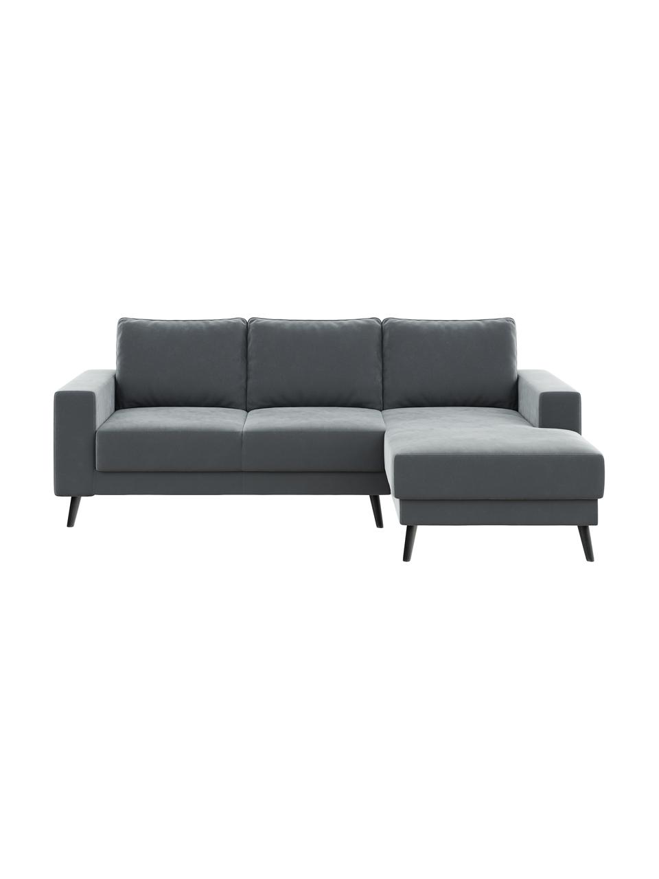 Sofa narożna z aksamitu Fynn (3-osobowa), Tapicerka: 100% aksamit poliestrowy , Nogi: drewno lakierowane, Aksamitny stalowy szary, S 234 x G 145 cm, prawostronna