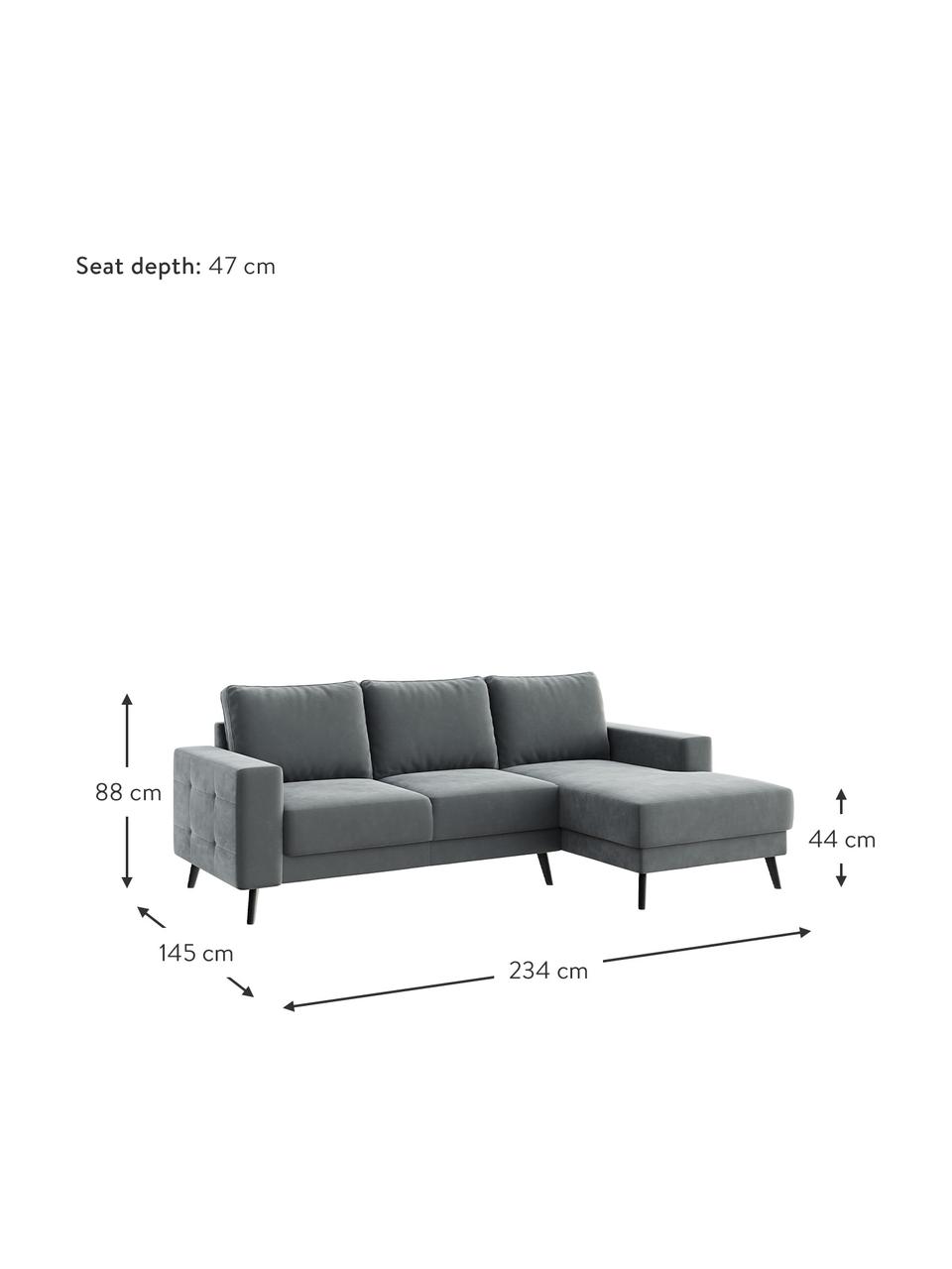 Sofa narożna z aksamitu Fynn (3-osobowa), Tapicerka: 100% aksamit poliestrowy , Nogi: drewno lakierowane, Aksamitny stalowy szary, S 234 x G 145 cm, prawostronna
