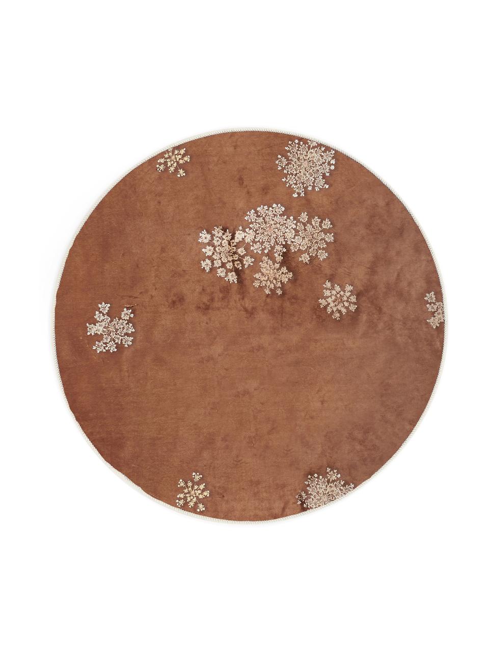 Rond vloerkleed Lauren met bloemenprint, 60% polyester, 30% thermoplastisch polyurethaan, 10% katoen, Bruin, beige, Ø 90 cm (maat XS)