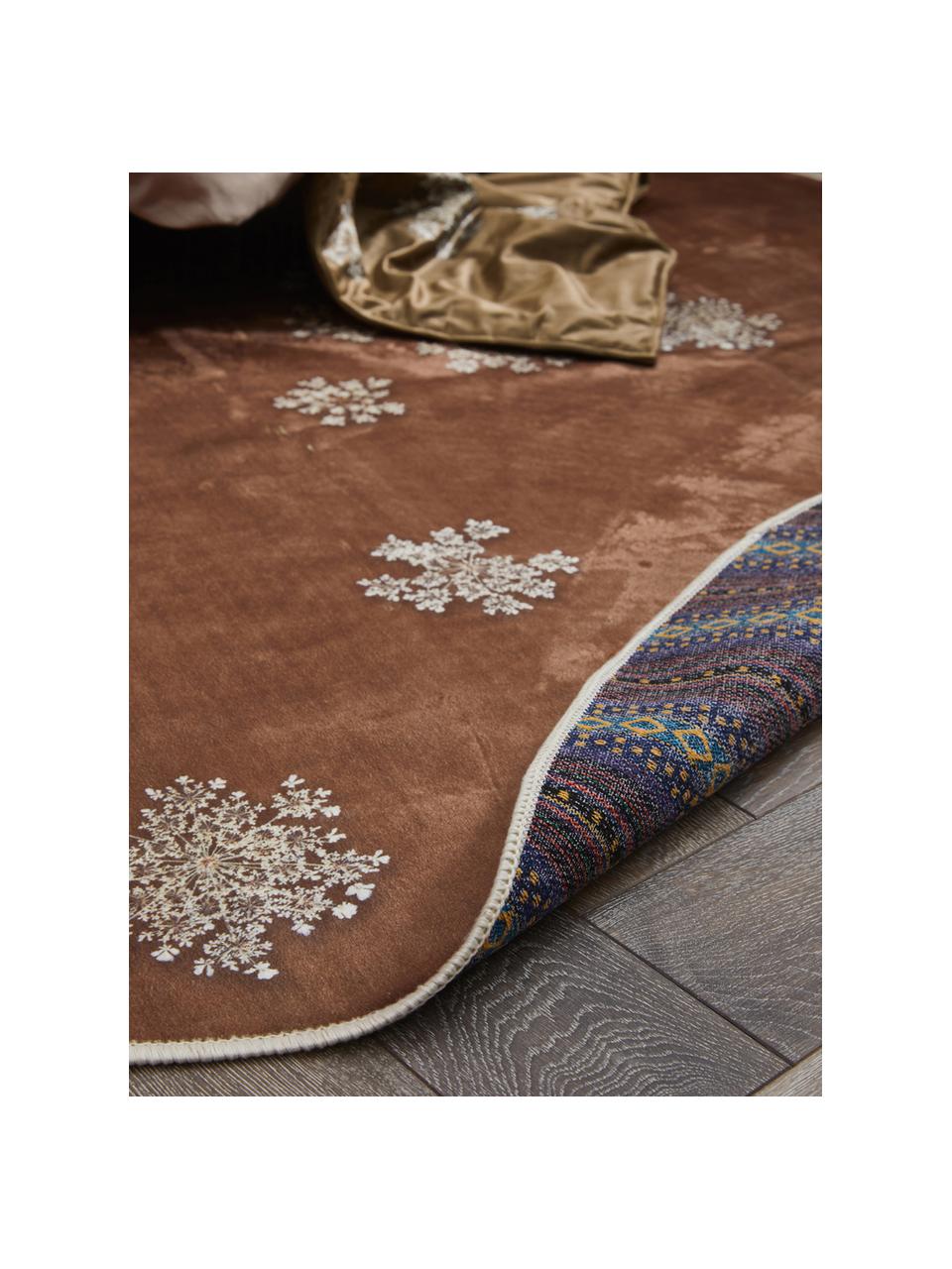 Rond vloerkleed Lauren met bloemenprint, 60% polyester, 30% thermoplastisch polyurethaan, 10% katoen, Bruin, beige, Ø 90 cm (maat XS)