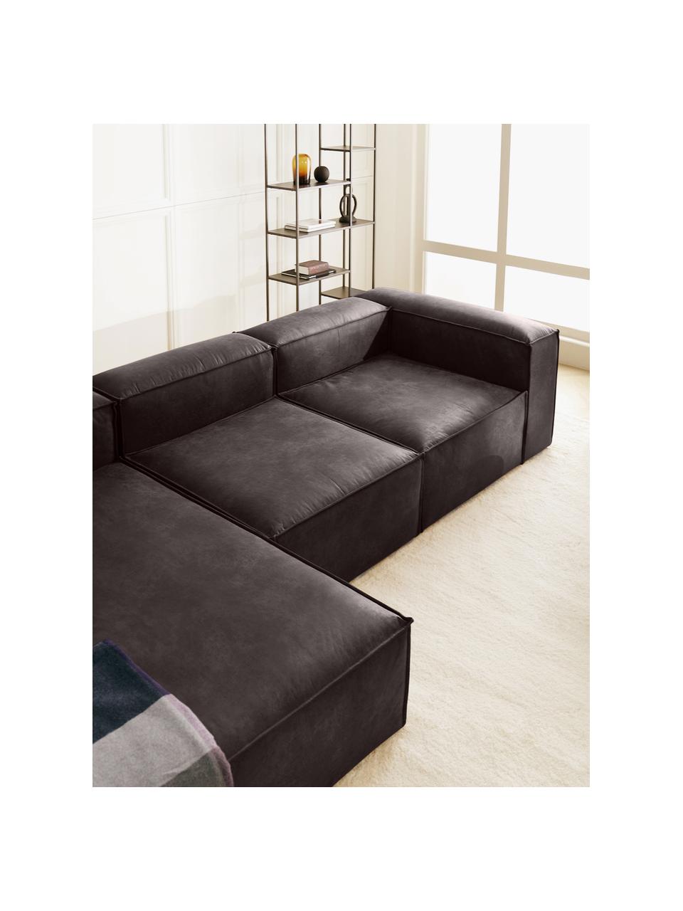 Modulaire hoekbank Lennon van gerecycled leer, Bekleding: gerecycled leer (70% leer, Frame: massief grenenhout, FSC-g, Poten: kunststof De poten bevind, Leer bruingrijs, B 327 x D 180 cm, hoekdeel links