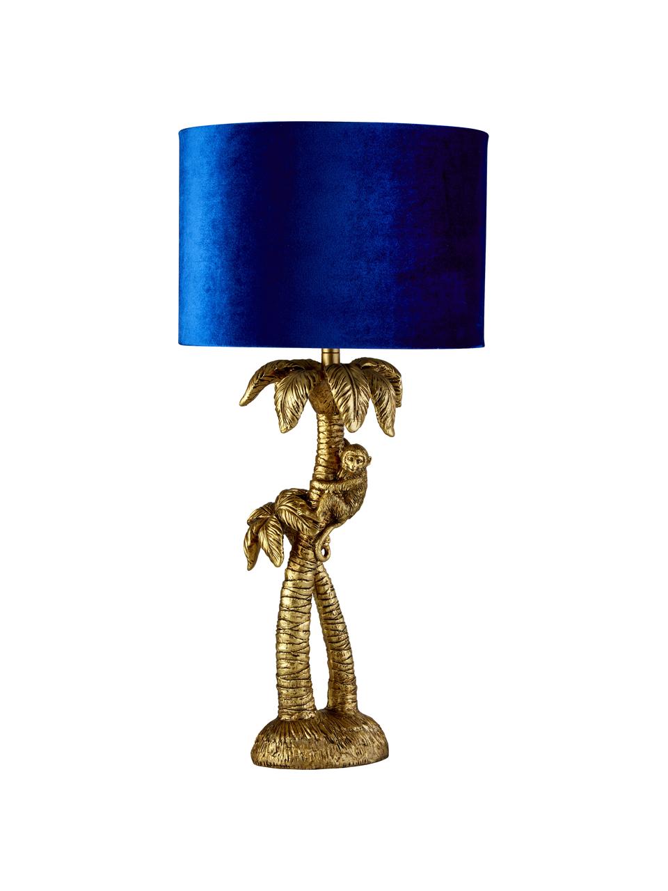 Tischlampe Palmtree mit Samtschirm, Lampenschirm: Samt, Lampenfuß: Polyresin, Blau, Goldfarben, Ø 23 x H 47 cm