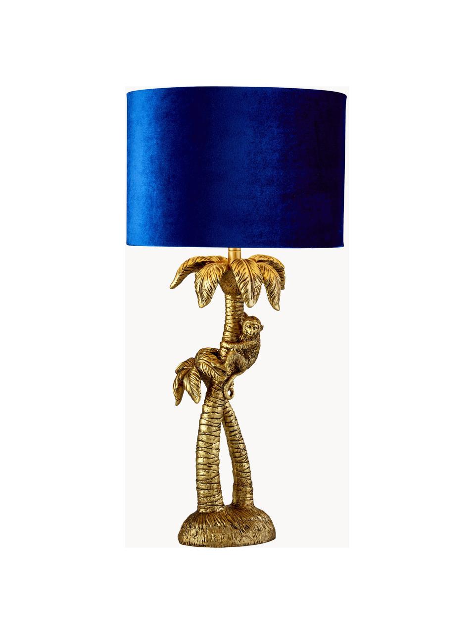 Lampada da tavolo con paralume in velluto Monkey, Paralume: velluto, Base della lampada: poliresina, Blu elettrico, dorato, Ø 23 x Alt. 47 cm