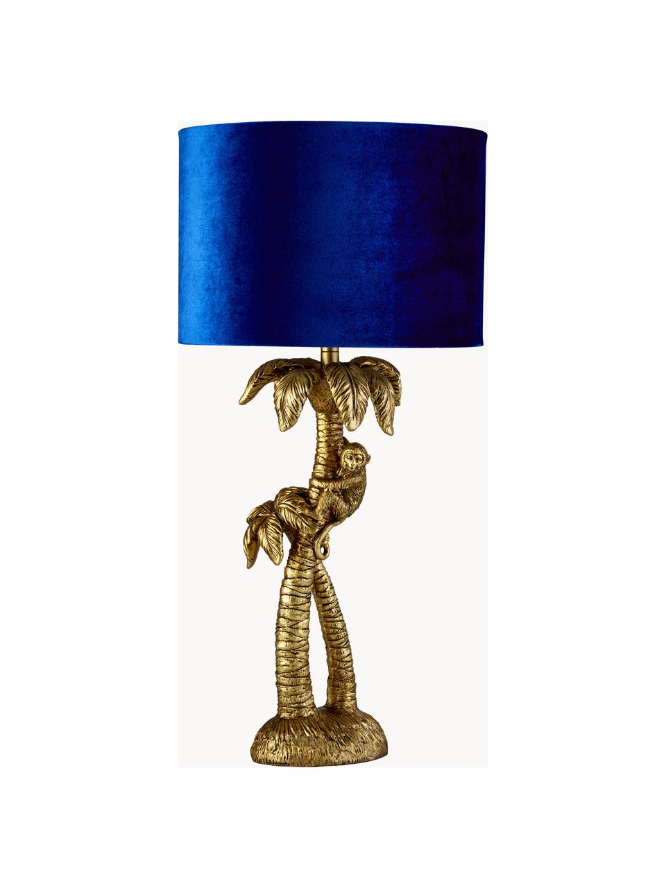 Tafellamp Palmtree met fluwelen lampenkap, Lampenkap: fluweel, Lampvoet: polyresin, Koningsblauw, goudkleurig, Ø 23 x H 47 cm